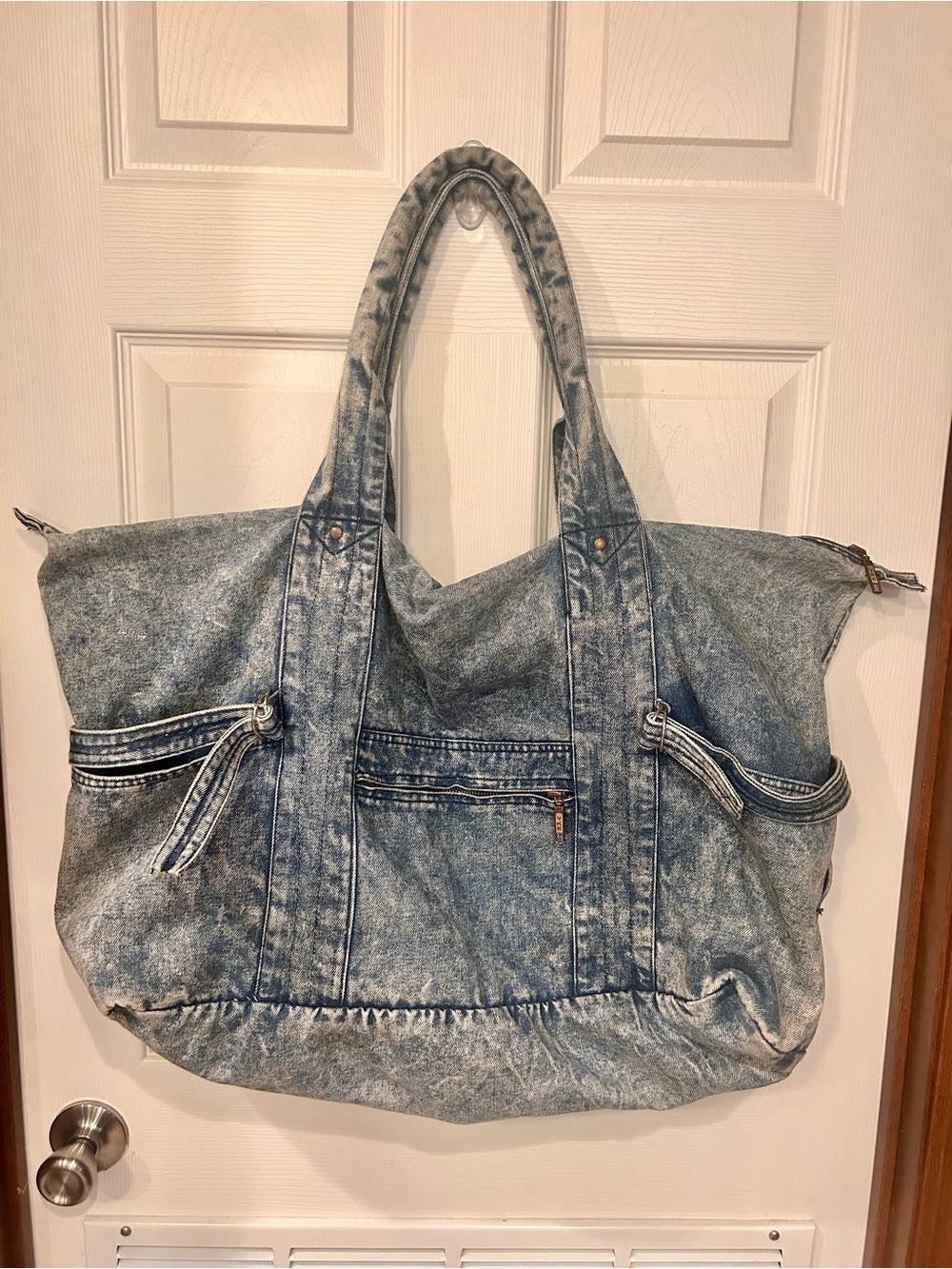 Vintage Acid Washed Blue Denim Tote Bag-Numerous Pockets/Zippers - Picture 4 of 8